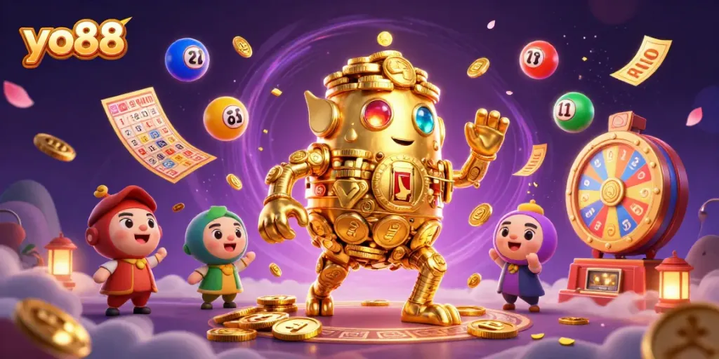 Experience thrilling lottery action with yo88's vibrant game elements and golden golem character.