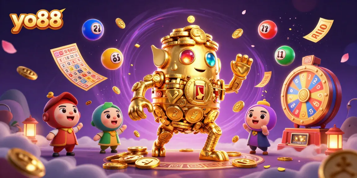 Experience thrilling lottery action with yo88's vibrant game elements and golden golem character.