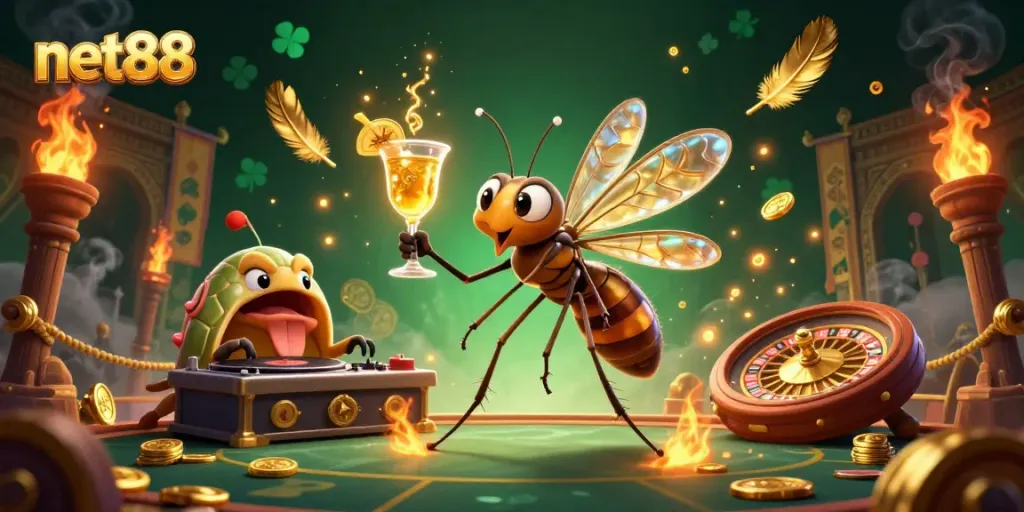 Spin to win with net88's vibrant casino mascot in a dynamic gaming scene.