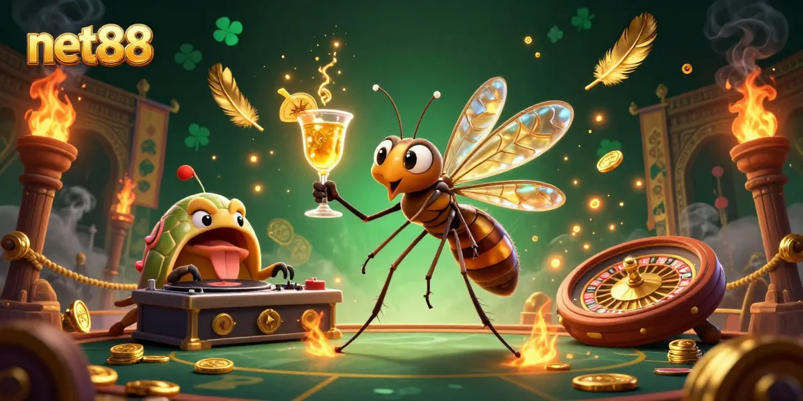 Spin to win with net88's vibrant casino mascot in a dynamic gaming scene.