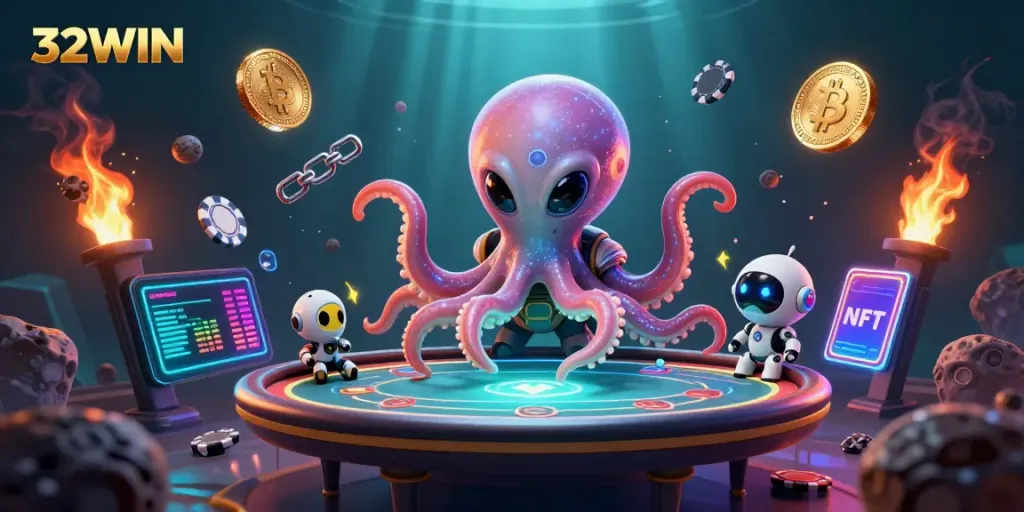32WIN showcases an alien octopus dealing poker with a vibrant holographic setting, enhancing the gaming experience.