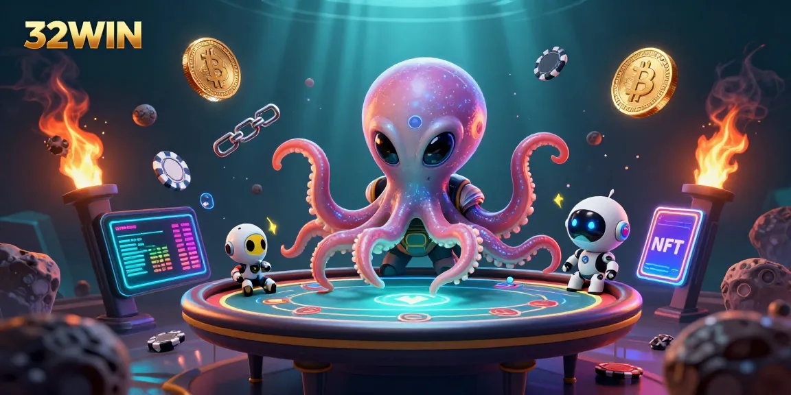 32WIN showcases an alien octopus dealing poker with a vibrant holographic setting, enhancing the gaming experience.