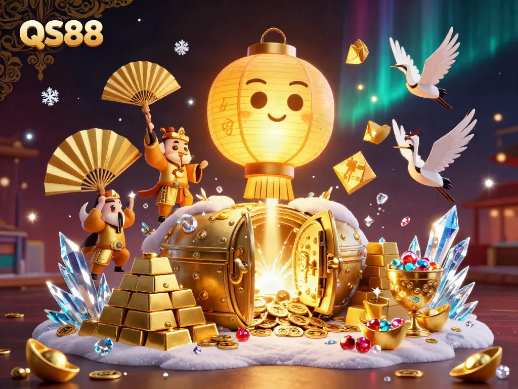QS88 casino illustration featuring a glowing golden lantern spirit above a vibrant night market, surrounded by treasures and lucky symbols.
