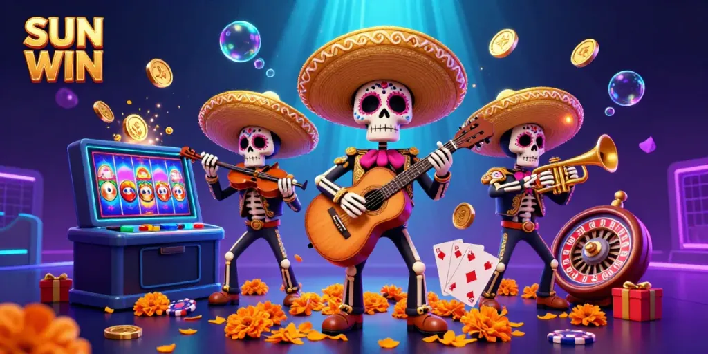 Immerse in the vibrant world of SUN WIN, where a lively mariachi band embodies excitement in a 3D casino scene filled with slot games and festive elements.
