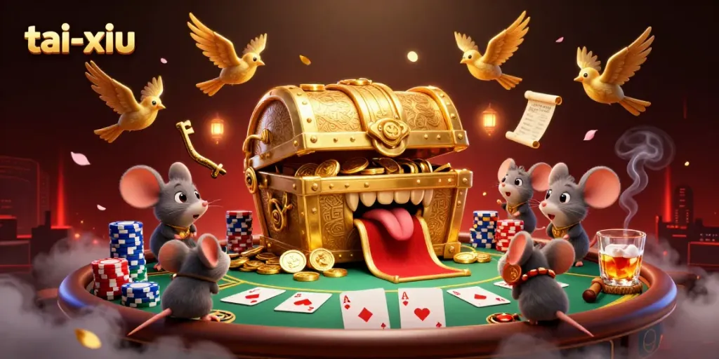 Experience the thrilling game of tai-xiu with adventure mice and shimmering treasures in this intricate casino illustration.