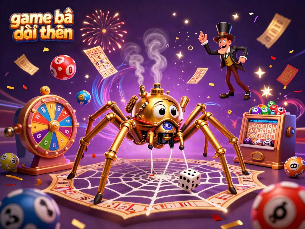 Catch excitement with game bài đổi thưởng as a steampunk spider captures dice amidst vibrant lottery elements.