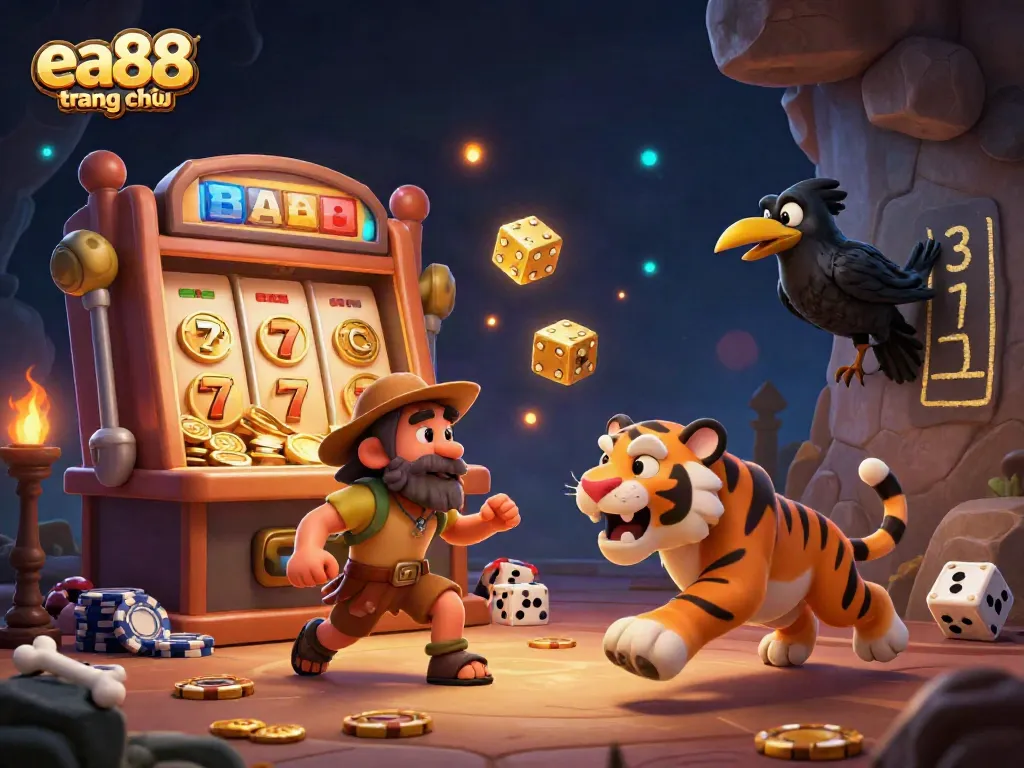 Engage with the vibrant world of ea88 trang chủ featuring a lively casino scene with a cartoon caveman and sabertooth tiger.