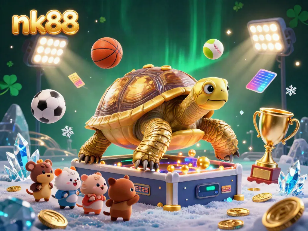 Place bets with nk88 at a lively casino scene where a golden tortoise pinball machine captivates with flashing lights.