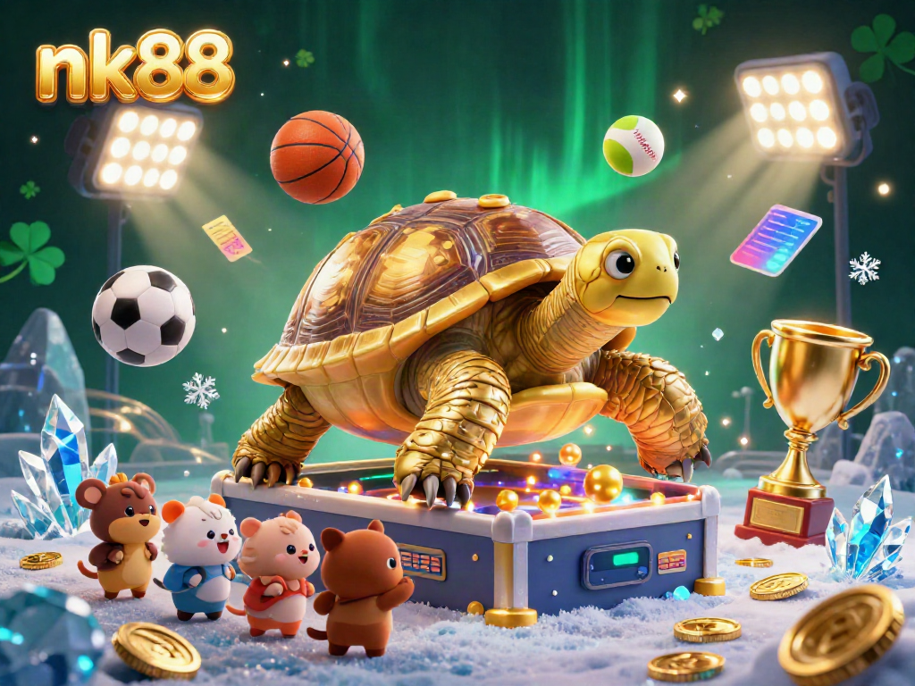 Place bets with nk88 at a lively casino scene where a golden tortoise pinball machine captivates with flashing lights.