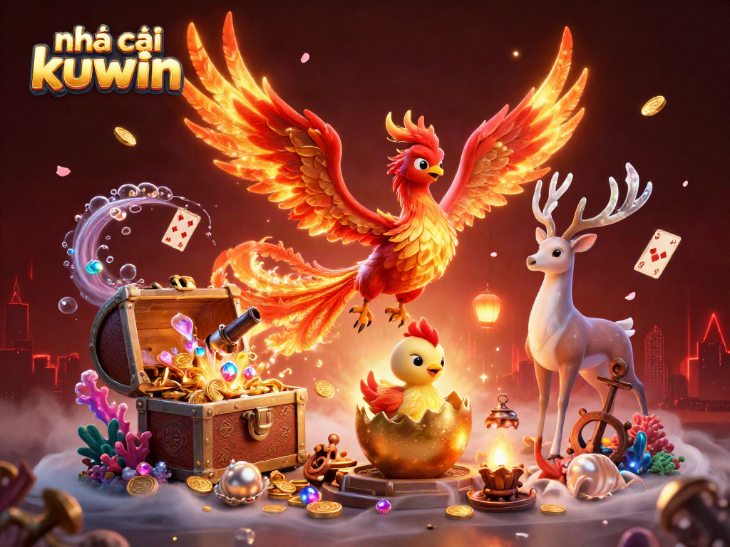 Experience the excitement of nhà cái kuwin with a vivid 3D illustration filled with dynamic casino elements.