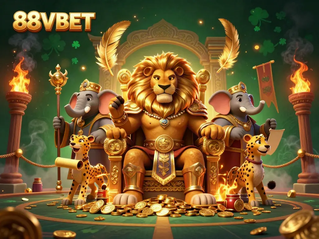 Experience the vibrant world of 88VBET with a dynamic 3D casino scene featuring a lion king and rich gaming elements.