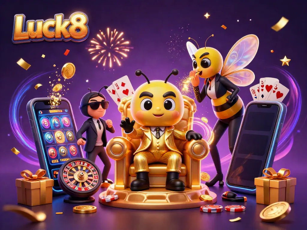 Experience Luck8's thrilling gameplay with exciting casino elements and characters in a vibrant scene.