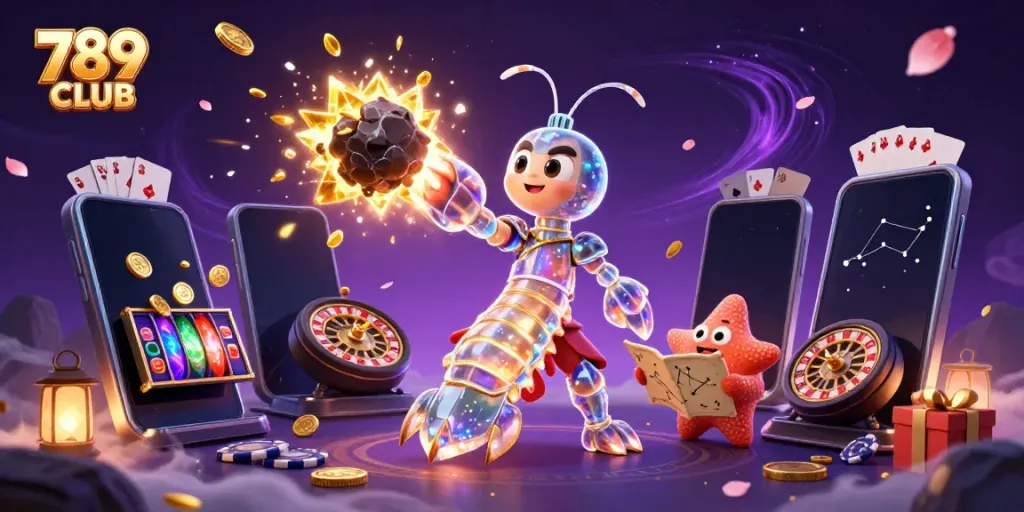 Experience the thrill of 789 CLUB with a samurai mantis shrimp and a starfish in a vibrant casino world.