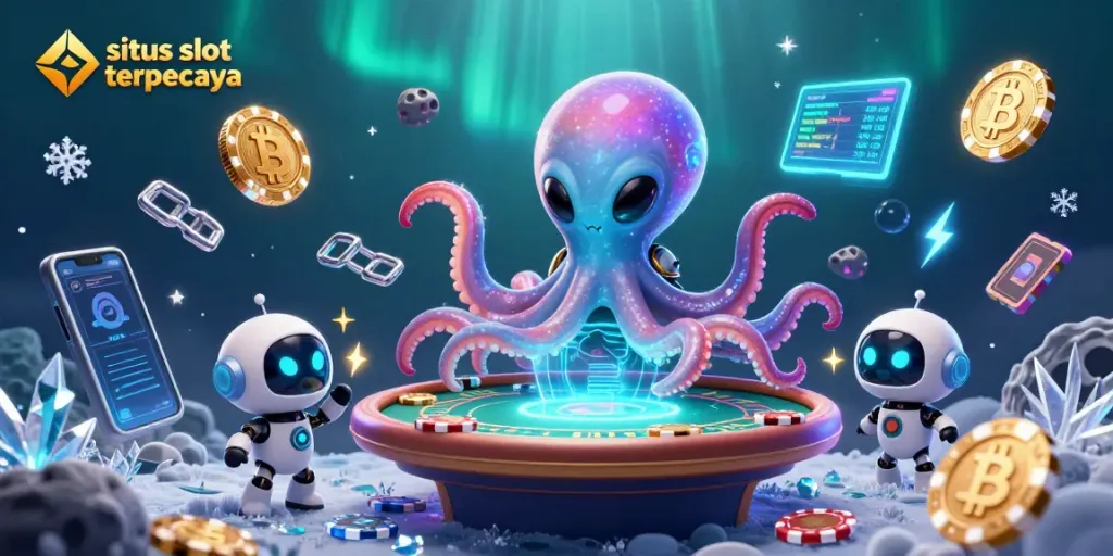 Engage in thrilling gameplay at situs slot terpercaya with an alien octopus and neon-rich cryptocurrency visuals.
