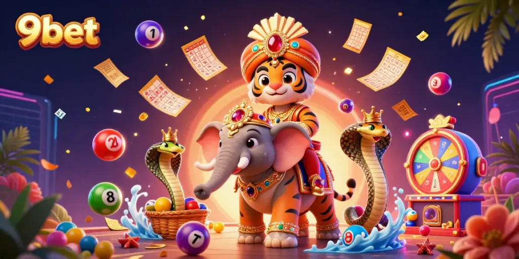 Experience excitement with 9bet in this vibrant 3D casino scene featuring a majestic tiger and elephant.