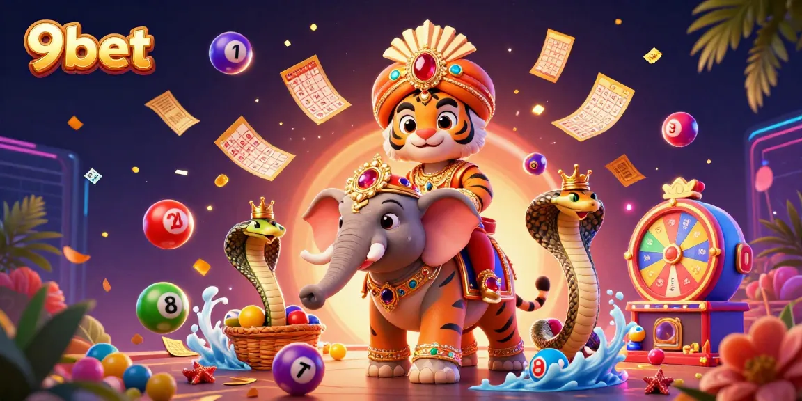 Experience excitement with 9bet in this vibrant 3D casino scene featuring a majestic tiger and elephant.