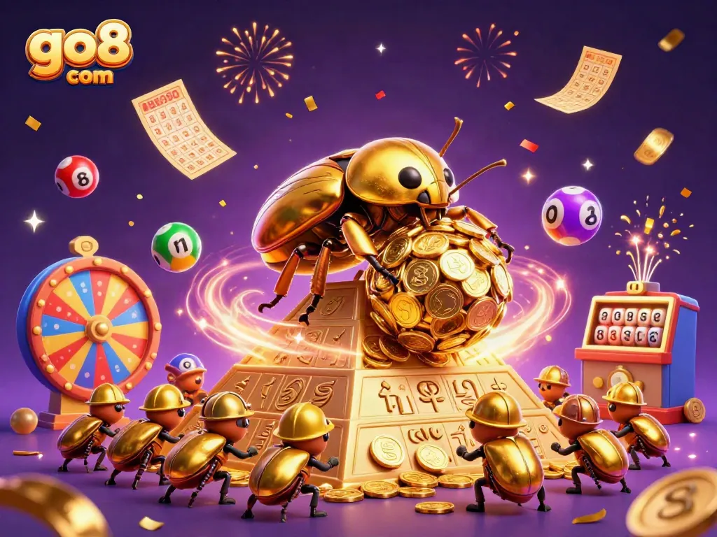Bets come alive at go8 com with a vibrant scene of golden beetles celebrating a jackpot.