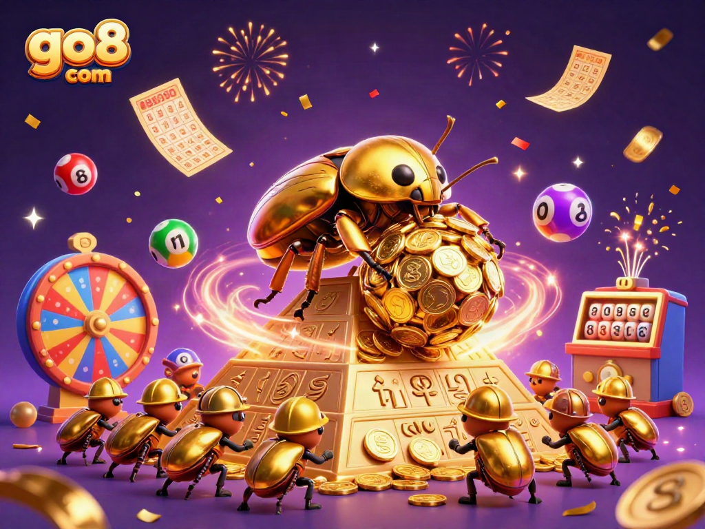 Bets come alive at go8 com with a vibrant scene of golden beetles celebrating a jackpot.