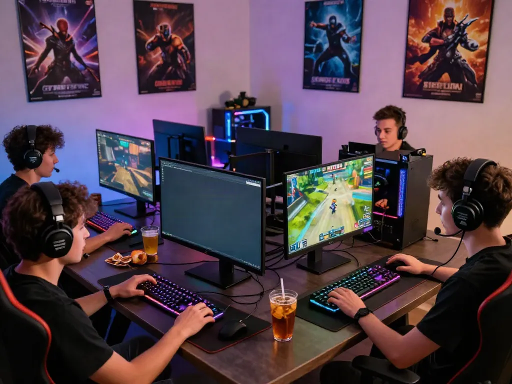 Engaged gamers enjoying diverse online games in a vibrant gaming room, showcasing the kilat 404 gaming experience.