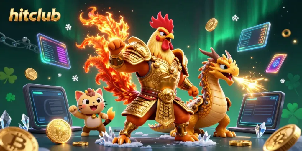 Engage in thrilling gameplay with hitclub's dynamic dragon and rooster warriors amidst vibrant crypto elements.