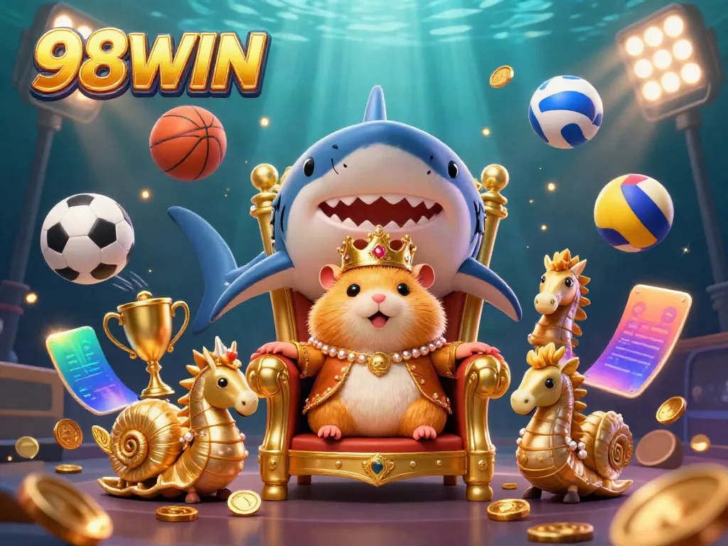 Join the adventure with 98WIN featuring a golden hamster king in a 3D vibrant casino scene.