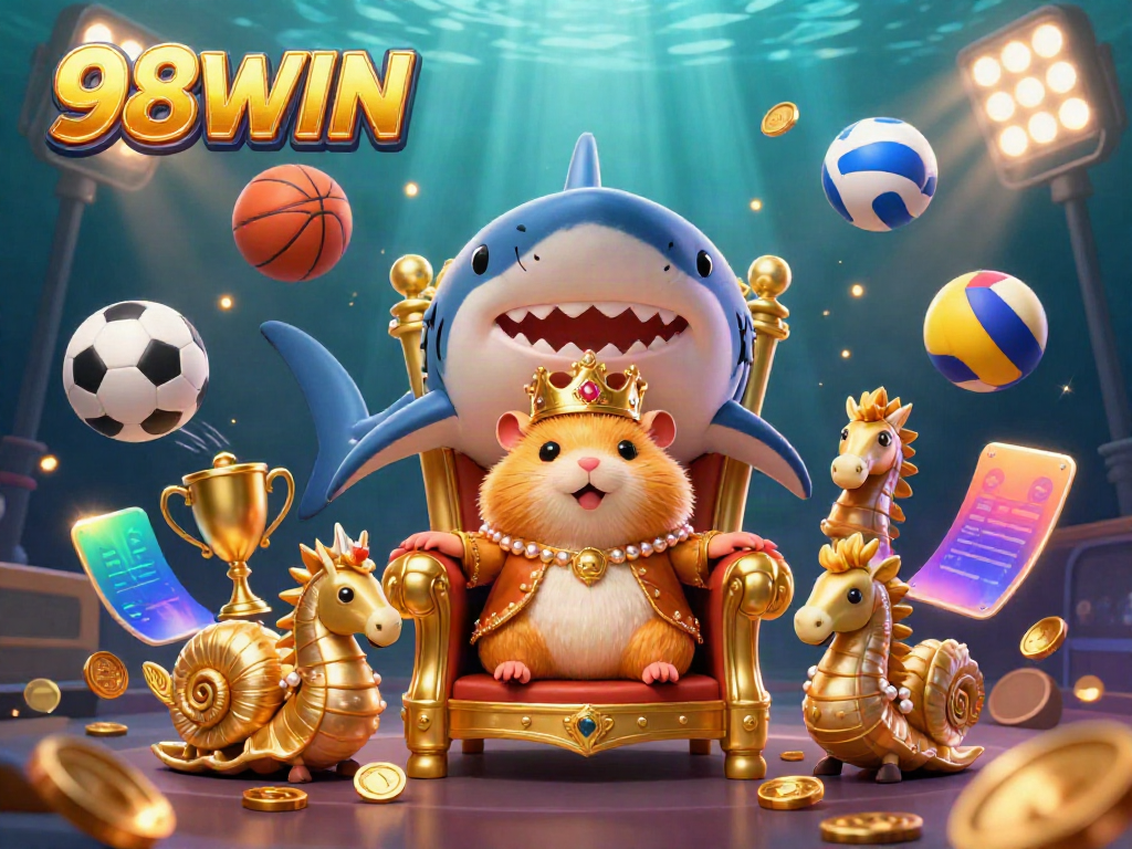 Join the adventure with 98WIN featuring a golden hamster king in a 3D vibrant casino scene.