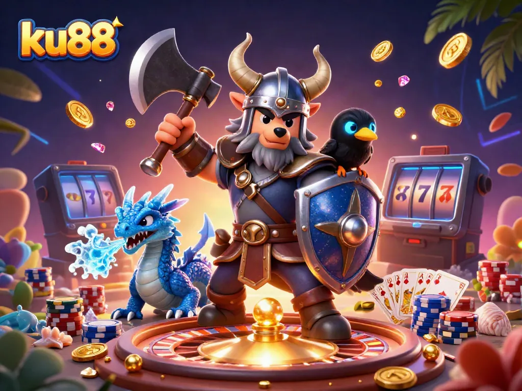 Experience thrilling gameplay at ku88 with exciting casino elements, wolf warrior, dragon, and epic treasure!