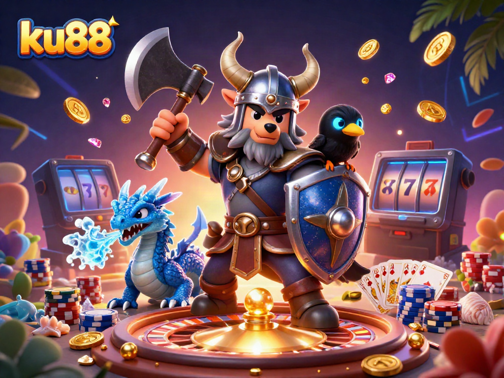 Experience thrilling gameplay at ku88 with exciting casino elements, wolf warrior, dragon, and epic treasure!