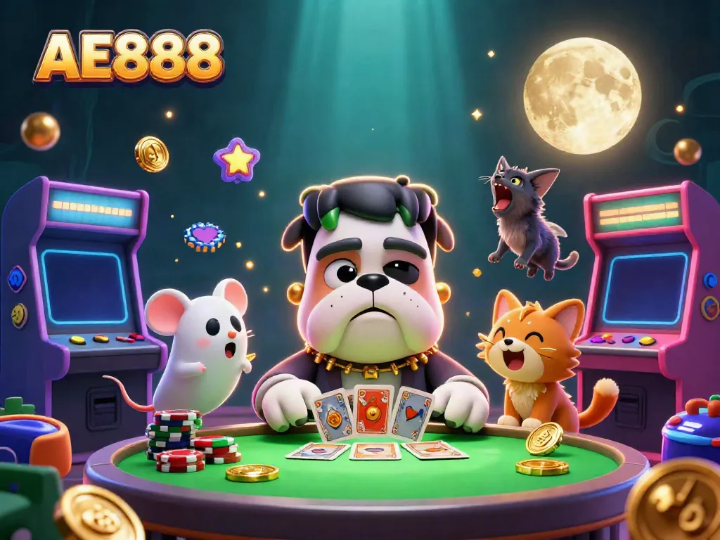 Engage in thrilling card games with AE888's 3D gaming scene featuring unique characters and lively atmosphere.