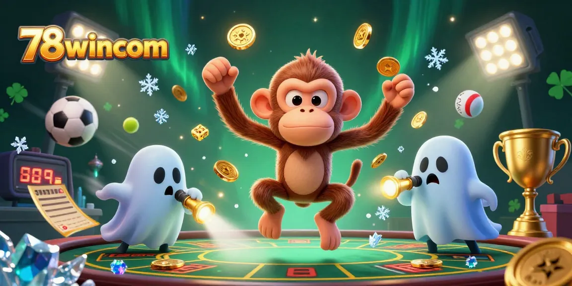 Experience the thrill at 78wincom as a mischievous monkey juggles golden casino treasures amidst sports action.