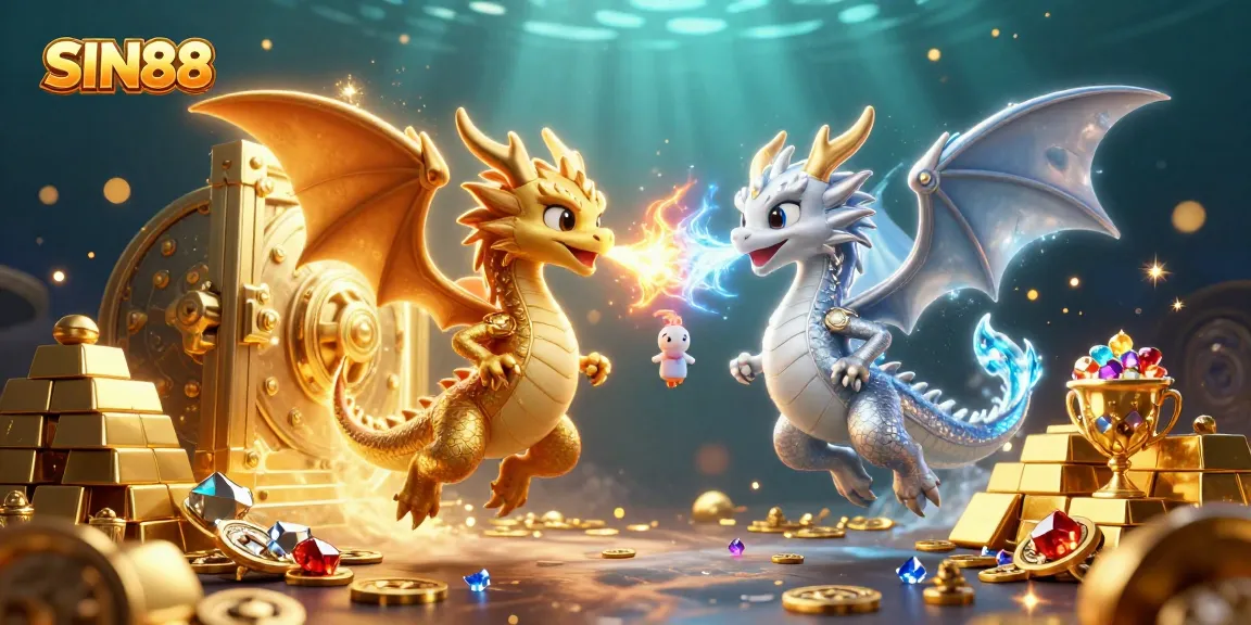 SIN88 showcases a dynamic scene with twin dragons, fire and ice breath, and a treasure vault.