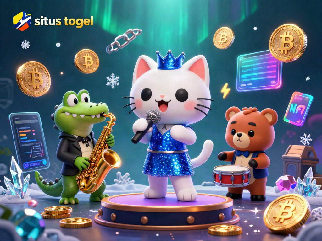 Experience the thrill of situs togel with vibrant characters and crypto elements in this exciting casino scene.