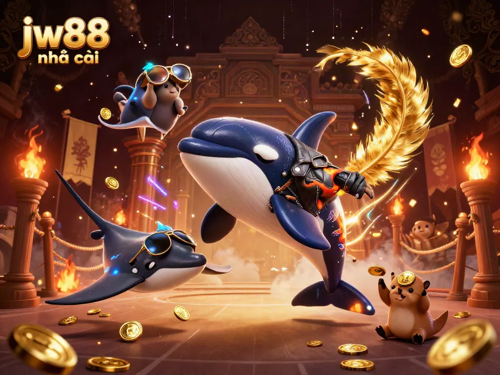 Play engaging games at jw88 nhà cái with an orca, stingray, and otters in a vibrant casino scene.