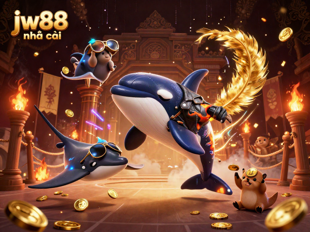 Play engaging games at jw88 nhà cái with an orca, stingray, and otters in a vibrant casino scene.