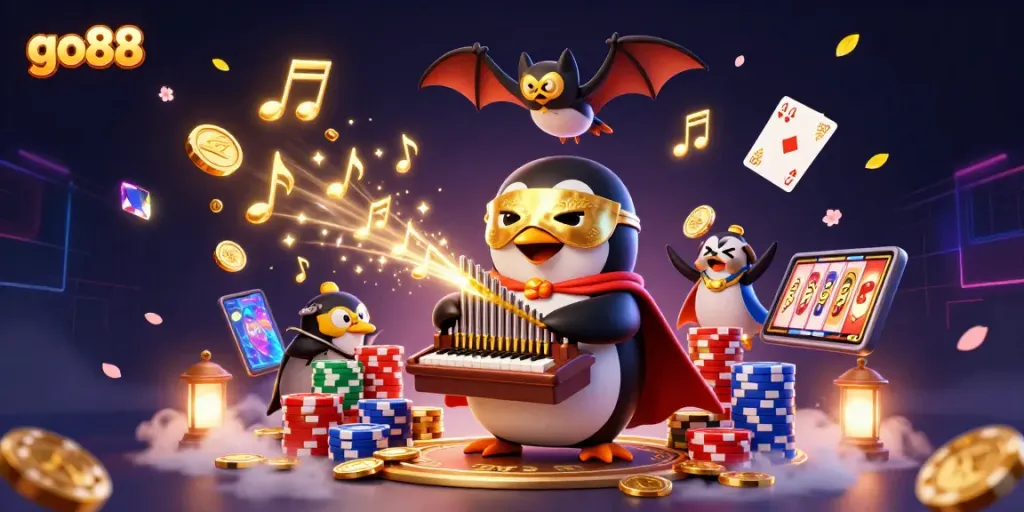 Engage in thrilling gameplay at go88, featuring a vibrant casino scene with a penguin playing an organ surrounded by gold coins.