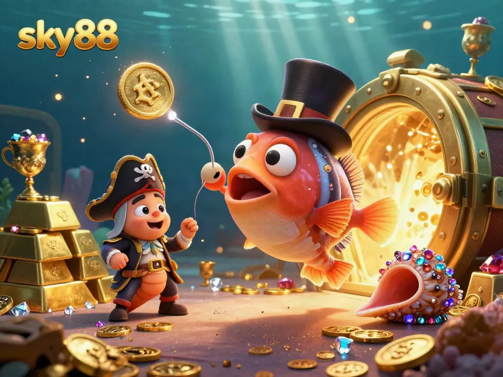 Grab golden coins with sky88 as the anglerfish and pirate shrimp explore a treasure-filled scene.