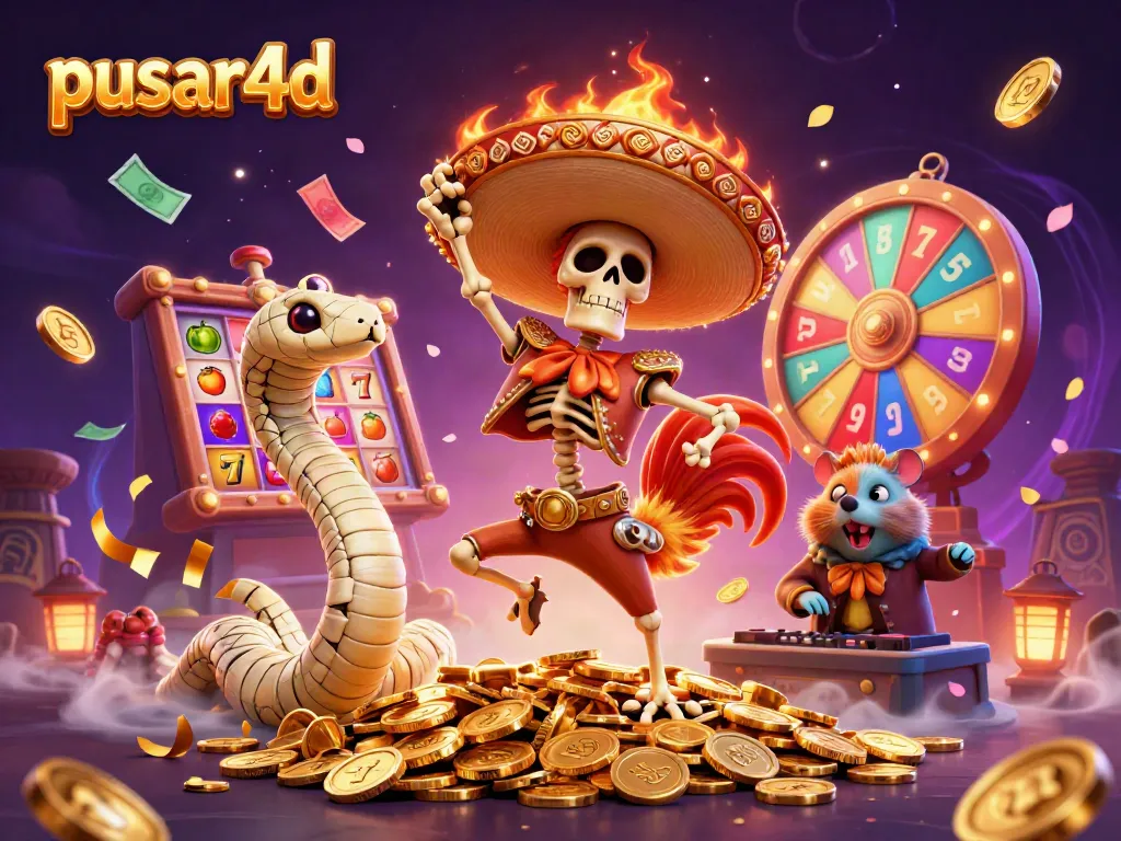 Pusar4d lively scene with a skeleton mariachi rooster, mummy snake, and DJ hamster celebrating in a vibrant casino