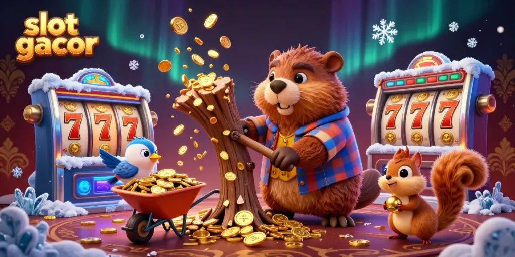Chopping trees for gold coins at a lively slot gacor casino scene with winning jackpots and playful characters.