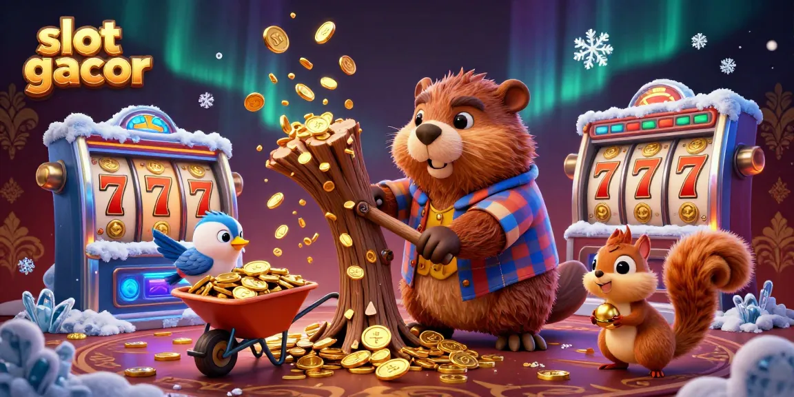Chopping trees for gold coins at a lively slot gacor casino scene with winning jackpots and playful characters.